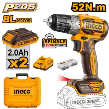 INGCO 20V Cordless Brushless Drill 52nm ( WITH 2pc Batteries & Charger) CDLI20453