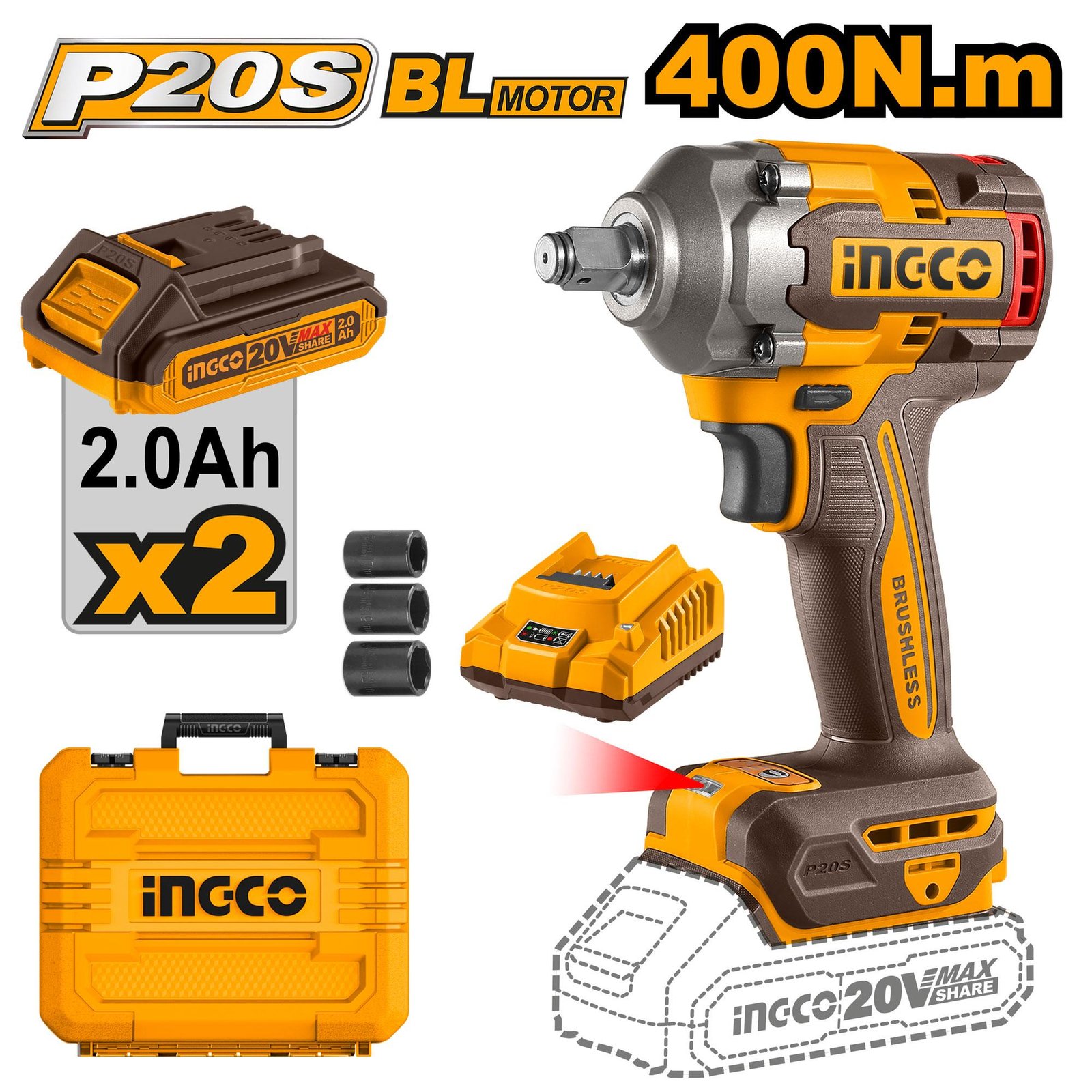 INGCO 20v Cordless Impact Wrench (With 2pc Batteries & Charger) CIWLI2040 1 CIWLI2040 CIWLI2040 My Store