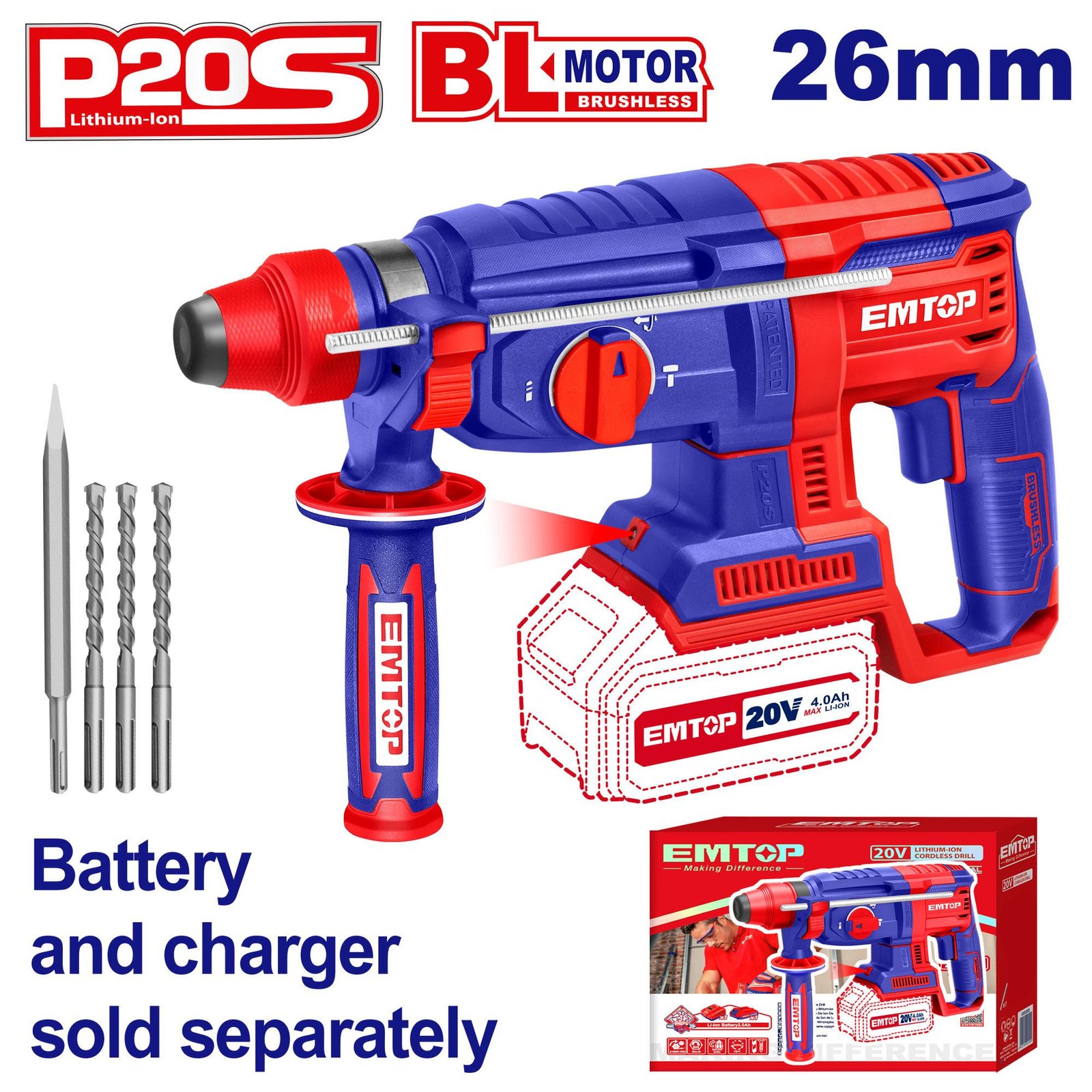 EMTOP 20V Cordless Rotary Hammer (WITHOUT Battery & Charger) ELRH20228 1 ELRH20228 ELRH20228 My Store