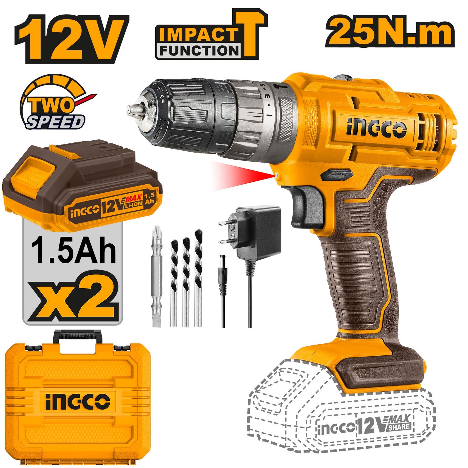 INGCO 12V Cordless Impact Drill (With 2pc Batteries) CIDLI1228 1 df15c587de17b7f9629db4ec1ac76125 df15c587de17b7f9629db4ec1ac76125 My Store